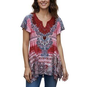 One World Tunic Top Blouse XS SMALL Hi Low Rhinestones Macrame Liquid Knit Red